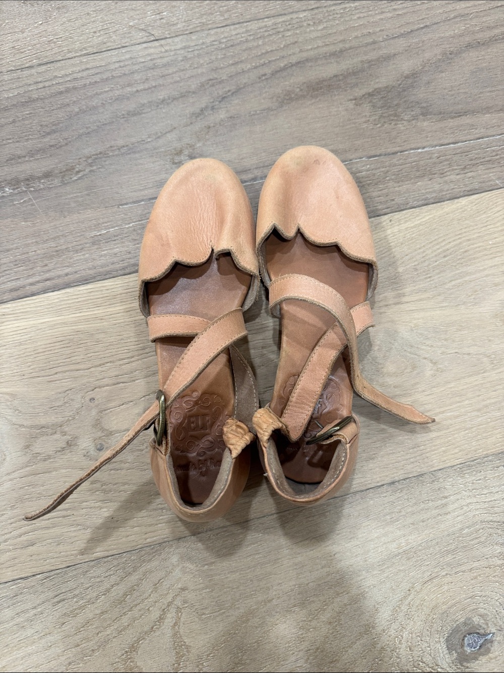ELF Women's Scalloped Strap Leather Flats in Light Brown